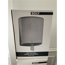 Pair of centrefeed towel dispensers and three mini jumbo toilet tissue dispensers with three blue paper rolls- LOT SUBJECT TO VAT ON THE HAMMER PRICE - To be collected by appointment from The Ambassador Hotel, 36-38 Esplanade, Scarborough YO11 2AY. ALL GOODS MUST BE REMOVED BY WEDNESDAY 15TH JUNE.