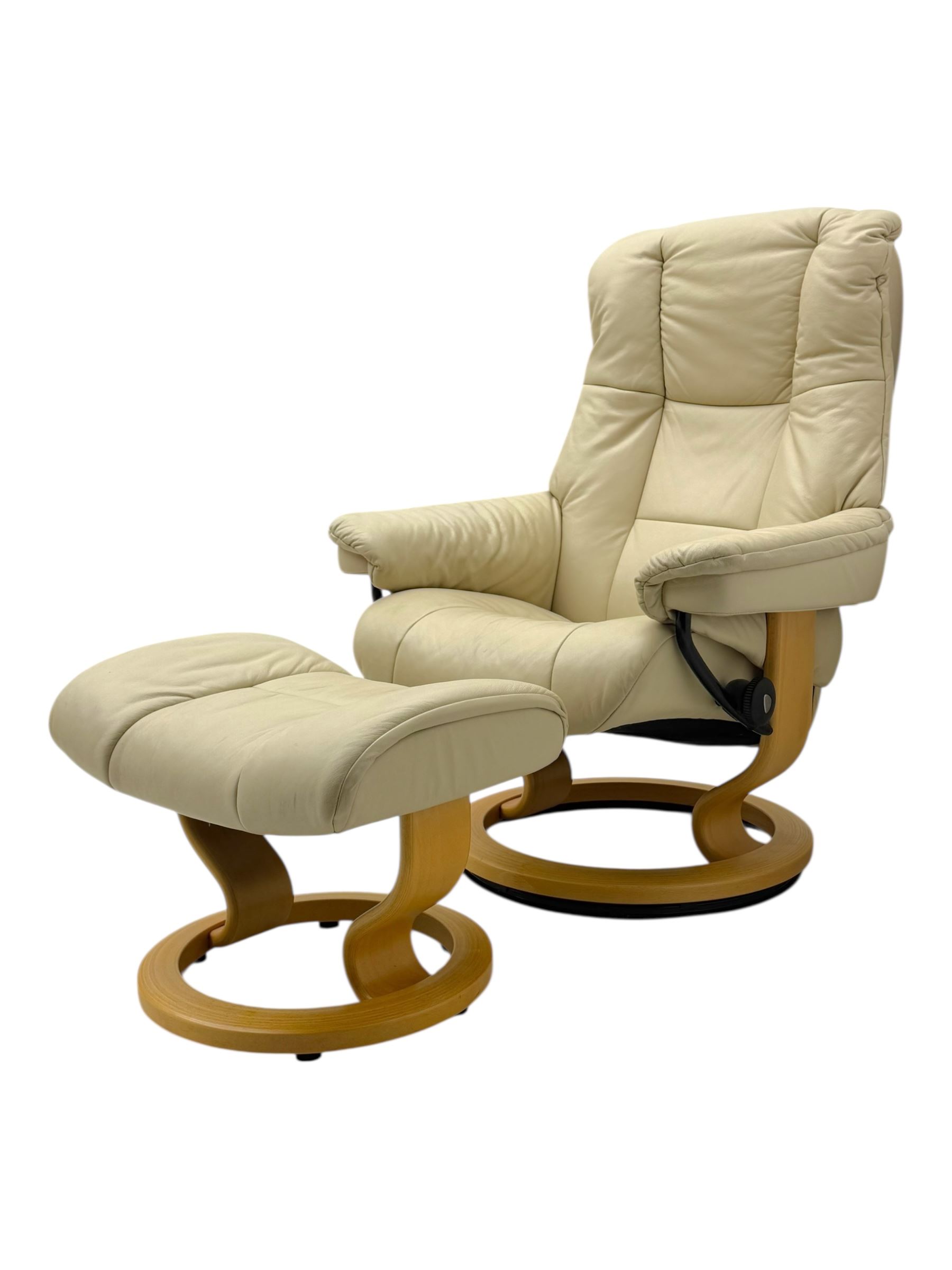 Stressless - armchair and footstool upholstered in beige leather, recliner with swivel base 