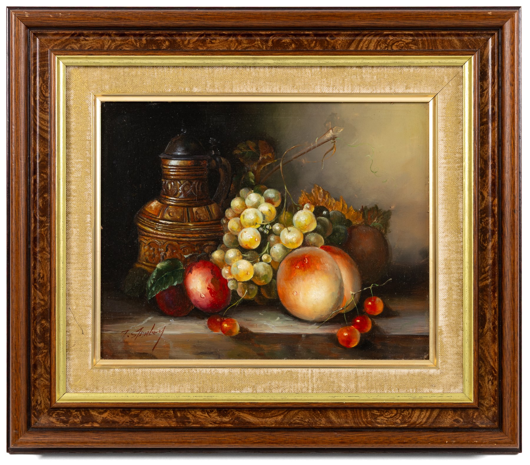 T Stanley (British late 19th/early 20th century): Still Lifes of Peaches Grapes and Foliage, pair of oils on board signed 19cm x 24cm (2)