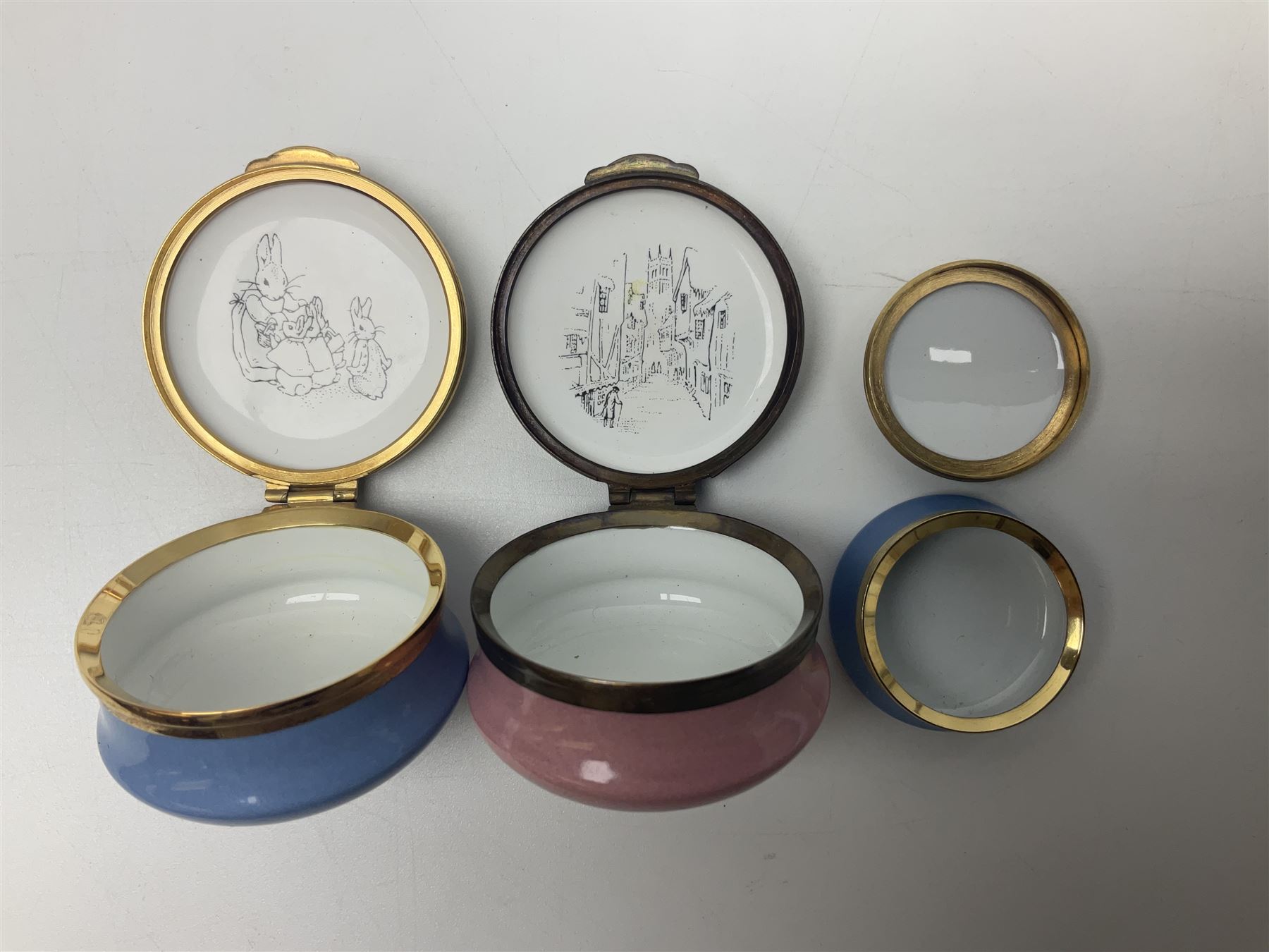 Five Royal Doulton Beatrix Potter figures, comprising Poppy Eyebright, Clover, Lord Woodmouse, Mr Apple and Dusty Dogwood, together with Beswick Appley Dapply figure and three Crummles Beatrix Potter enamel pill boxes