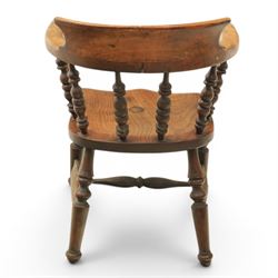 Early 20th century elm smoker's bow or captain's chair, elm dished seat raised on turned supports