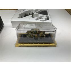 Fourteen die-cast models of aircraft including four Oxford Aviation, two Military Giants of the Sky, two Ixo Models, Corgi Warbirds Messerschmitt, Atlas Editions Spitfire and Messerschmitt, two Hobby Master etc; and two die-cast models of tanks; all boxed (16)
