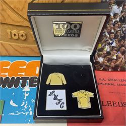 Leeds United football club - football association challenge cup competition final Saturday 11th April 1970 Chelsea vs Leeds United at Wembley programme, football association charity shield Saturday 10th August 1974 Leeds United vs Liverpool programme, various supporters pin badges, scarf for the league 1 playoff final Wembley stadium 25th May 2008, Danbury Mint 'Great Moments in the History of Leeds United' leather bound collectors edition, various used home game tickets etc