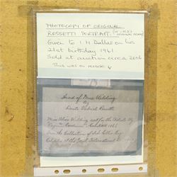 After Dante Gabriel Rossetti (British 1828-1882): Portrait of Alexa Wilding, colour print signed in the plate 44cm x 36cm
Notes: this frame held the original painting this print is after - it was held within this frame from its purchase in 1941 until it was sold at Sotheby's auction (12 July 2007, lot 14) when it was removed.