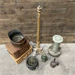 Aladdin paraffin lamp, lamp and burner, coal scuttle, painted standard lamp, stone mortar planter and two wicker baskets