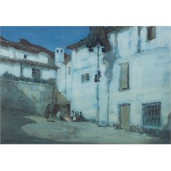 Albert Moulton Foweraker (British 1873-1942): Moonlit Spanish Courtyard with Figures besid...