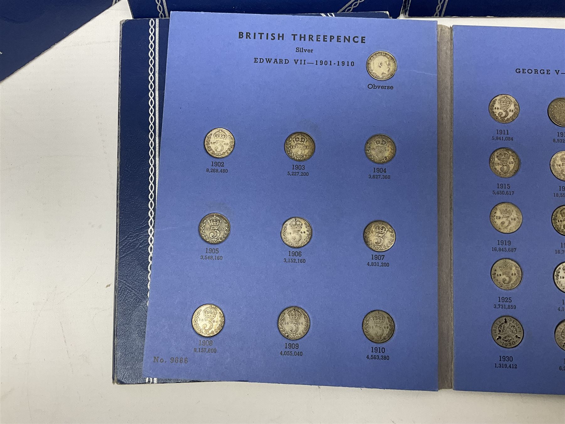 Nine filled and part filled Whitman folders to include filled Great Britain Threepence Silver collection 1902 to 1945 and Pennies collection 1881 to 1901, including George VI 1950 and 1951 penny coins etc