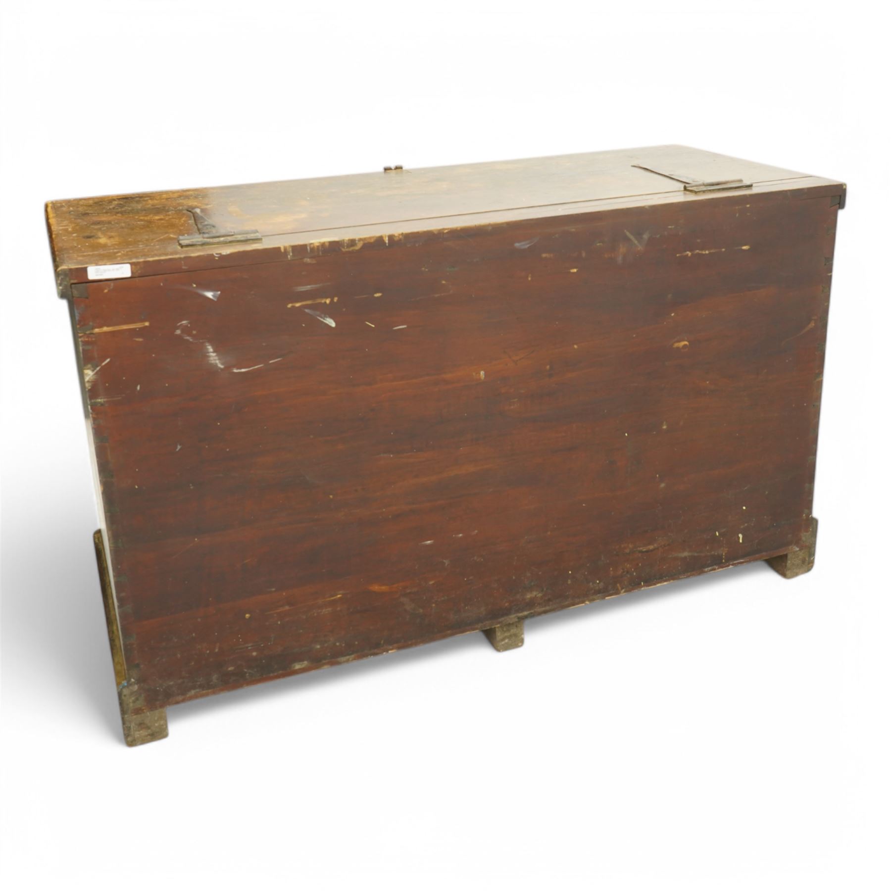 19th century camphor wood blanket box, hinged lid enclosing division, on chamfered plinth base, painted to represent a Georgian town house, fitted with iron strap hinges 