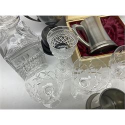 German Bleikristall decanter, set of six Stuart Crystal glasses, a Dartington Crystal decanter, christmas lights and a collection of pewter tankards, etc 
