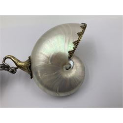 Modern limited edition silver mounted nautilus shell cup, no. 42/150, the pearlescent shell cup with silver-gilt strapwork to rim, upon a stem modelled as a putto supporting a gilt cornucopia and circular domed foot depicting Poseidon amongst swirling waves, hallmarked by St James House Company, London 1980,  H17.5cm