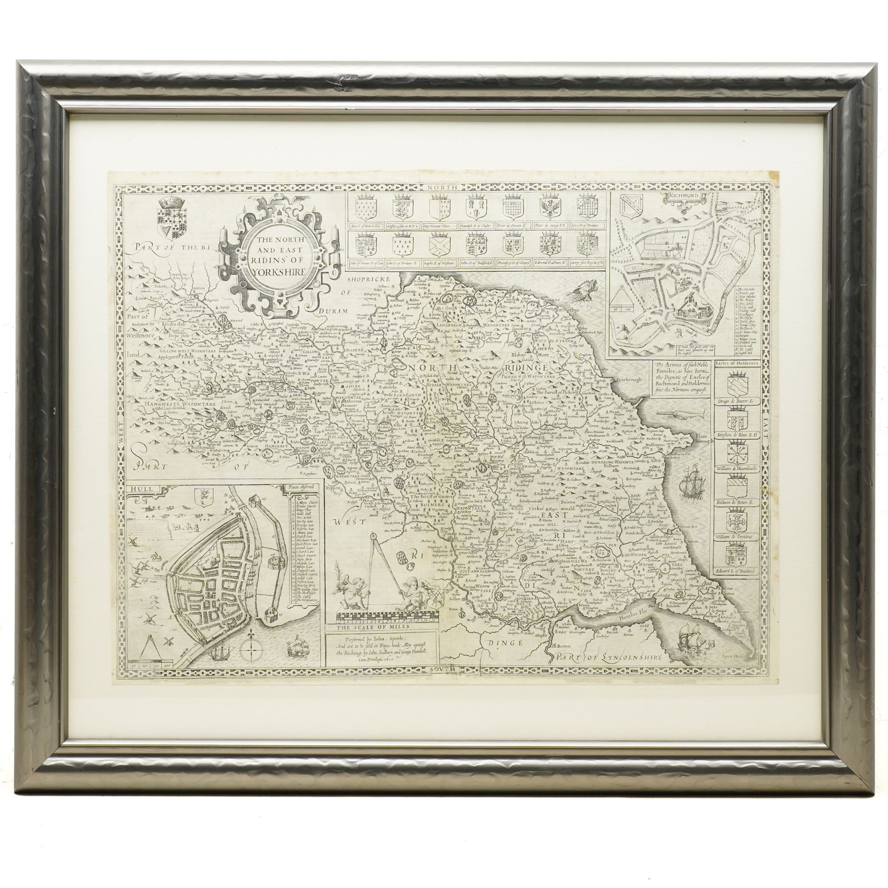 John Speed (British 1552–1629): ‘The North and East Ridings of Yorkshire’ and ‘The West Ridinge of Yorkshyre’, pair of early 17th century engraved maps, first edition, first strike, both in original uncoloured condition, with numerous armorials, decorative cartouches and embellishments, the North & East Riding map with inset plans of Richmond and Hull, and the West Riding map with an inset plan of Yorke, pub. 1611 & 1616 with the rare Latin text verso 40cm x 53cm (2)
