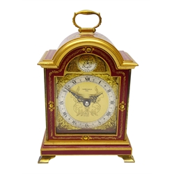  Small 18th century style red chinoiserie parcel gilt arched top bracket clock, brass dial signed Elliott London, Carmichaels Hull, Tempus Fugit, with brass handle and bracket feet, H21cm  
