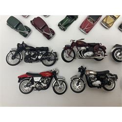 Over forty 1:76 scale die-cast models of cars and commercial vehicles; some boxed; and eight small scale models of motorcycles; all unboxed
