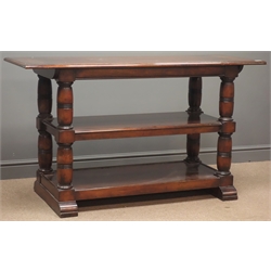  Mahogany three tier console table, four turned supports two sledge feet, W55cm, H81cm, L143cm  