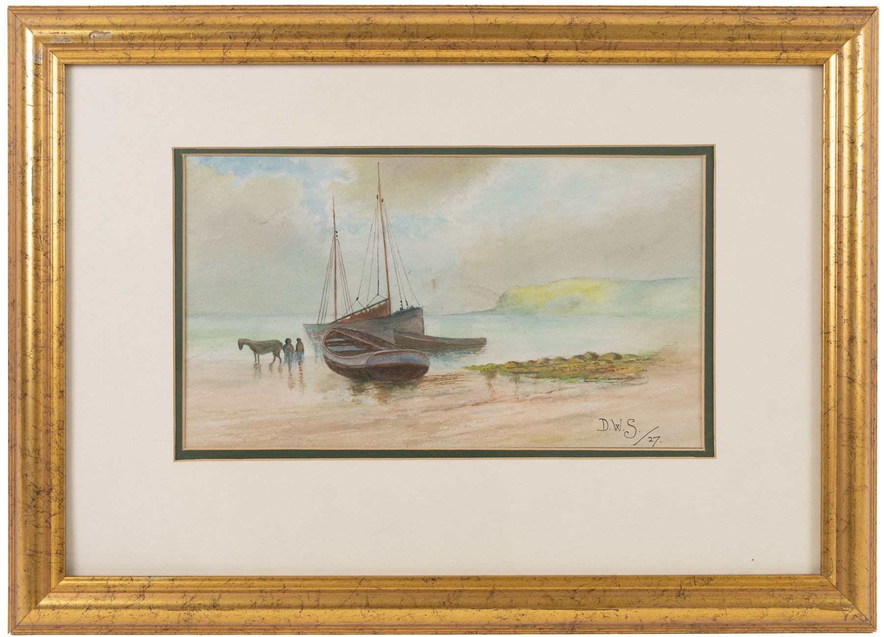 R Livingstone (English School 20th Century): Jockey on Horseback - potentially Lester Piggott, oil on wood panel signed; S Sparke (British 20th century): Roseberry Topping, pair of watercolours signed, one dated '84, and D W S (English School 20th Century): Boats Washed Up on the Beach, pair of watercolours signed with initials and dated '27, max 20cm x 45cm (5)