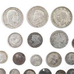 Collection of George III and later silver coinage including George III 1816 and 1818 silver shilling, Frederick II the Great 1765 six-Groschen, Catherine II 1768 Grivennik coin and others (19)
