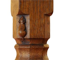 Mouseman - 1937 refectory table, Sir Herbert Baker commission for Westminster Church House, the rectangular adzed plank top above twin octagonal baluster supports united by a pegged stretcher, raised on shaped sled bases carved with a partridge and a loaf of bread, with carved mouse signature to inside leg, by Robert Thompson of Kilburn

The carved loaves reference the original patron, while the partridges are thought to represent Frank Partridge, Bishop of Portsmouth from 1877 to 1941, who played a key role in the founding of Church House and served as its Secretary from 1936 until 1941

Reference
Christie’s ROBERT “MOUSEMAN” THOMPSON; Refectory Table, Lot 188, sold at Christie’s London, commissioned by Sir Herbert Baker KCIE, RA, architect of Church House (opened 1937). Provenance and description available on the Christie’s website
https://www.christies.com/en/lot/lot-4618786