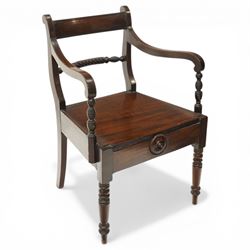 19th century Carolean design oak hall chair, carved cresting rail over barley-twist uprights, high back and loose seat upholstered in wool-work foliate tapestry (W46cm H116cm); 19th century elbow chair mahogany with spiral turned centre rail and roundel-applied frieze (W56cm H85cm)