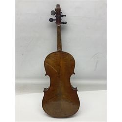 Late 19th century German trade violin c1890 with 36cm two-piece birds-eye maple back, neck and ribs and spruce top; bears label 'Manufactured in Berlin Special Copy of Nicolaus Amati' L59.5cm; in carrying case
