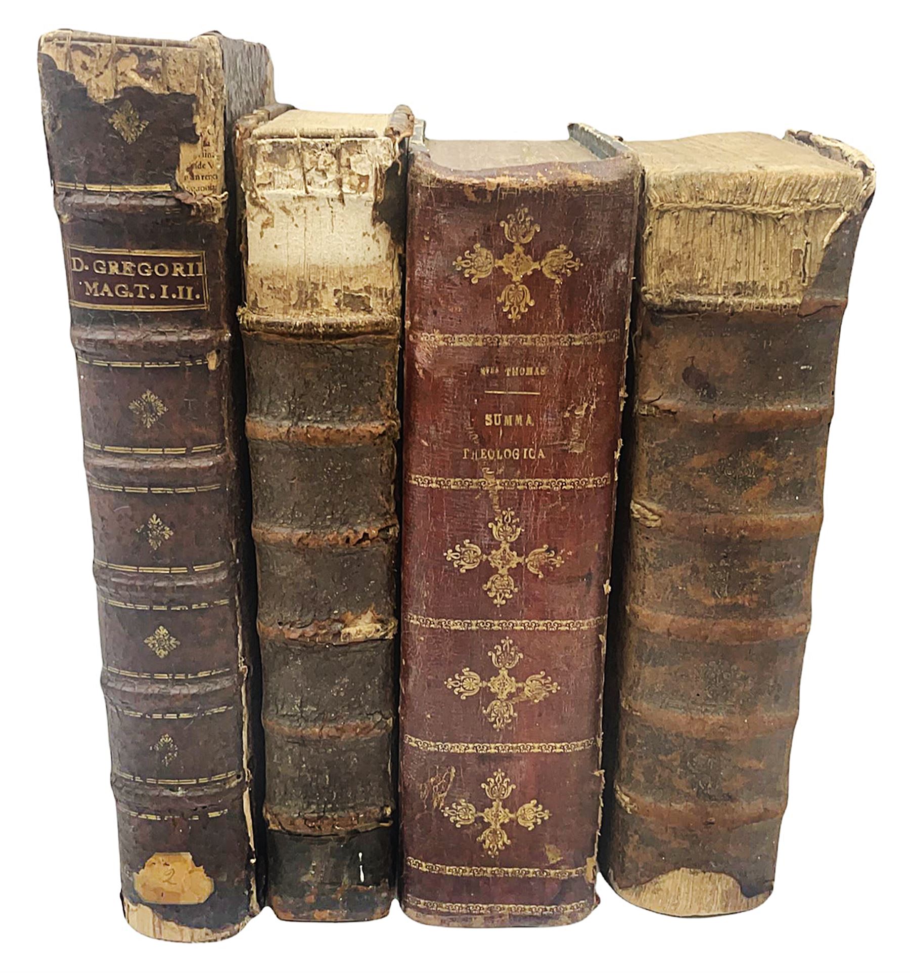 Sancti Gregorii Magni Papae Primi Opera , Sixti V Pont Max Iussu .... 1640 Paris. Two volumes in one with engraved galleon to each title page; R.P. Joan. Stephani Menochij Doctoris Theologi E Societate Jesu .... Editio Novissima .... Tomus Primus. 1683 Lugduni Francisci Comba; and two other similar leather bound folio volumes lacking title pages (4)