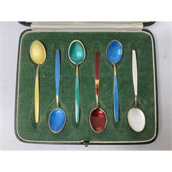 Mid-century cased set of six David Anderson guilloche and gilt coffee spoons, with enamelled bowls and handles stamped 'D.A', scales mark, '9255', 'Norway' and 'Sterling'