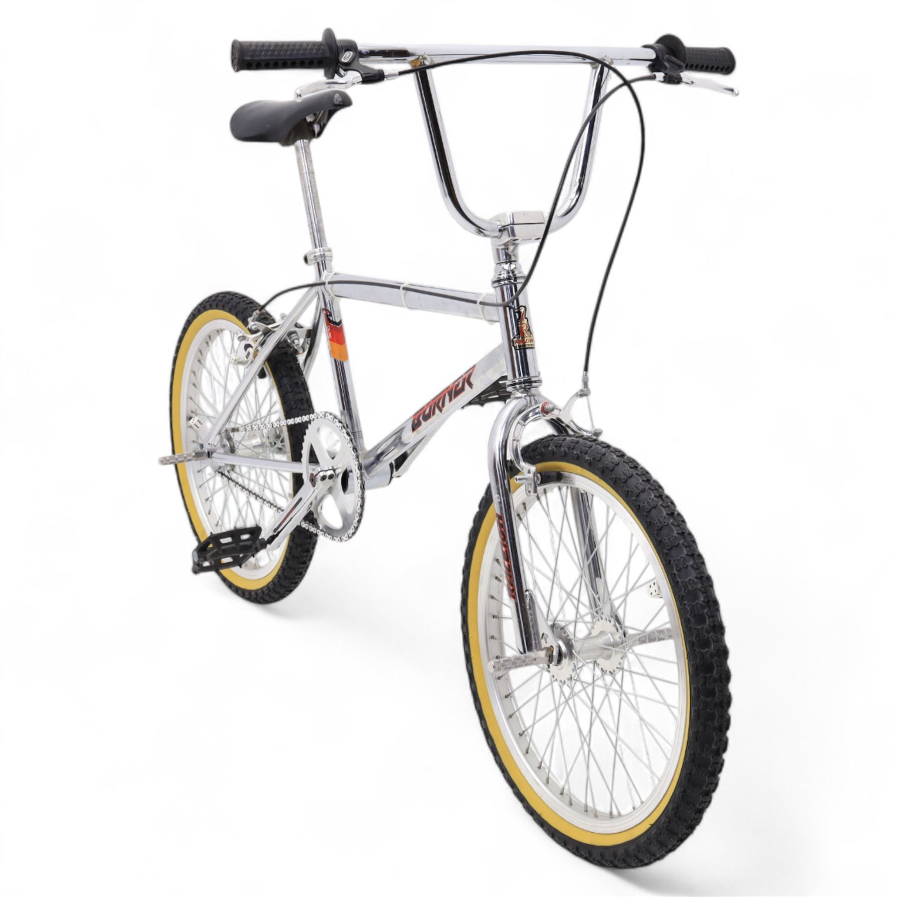 1980s Raleigh Cromo Burner BMX bike, with some original and some upgraded parts, including Oval Competition section frame and fork, Tange black rubber grips, Redline chain wheel, DMR Bikes V6 pedals and Duro Nylon F-075 tyres