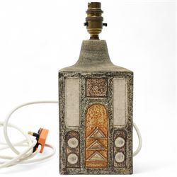 Alison Brigden (AB) for Troika, 1977-83, Square lamp base with incised geometric decoration H23cm excluding fitting