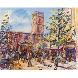 Mary Goudie Simpson (British 1869-1934): 'Vegetable Stall - Bruges', gouache signed, titled verso; Jean Fletcher (British 20th Century): 'St Anne's Square', mixed media signed and dated '95; together with two still lifes, oils on board signed K T and L I Warburton one dated 1906 max 45cm x 45cm (4)