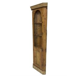 Traditional rustic pine corner unit, fitted with two open shelves over single cupboard