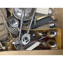 Chrome fireside companion set in the form of a horseshoe, together with other metal ware including pair of candelabra, candlesticks, barometer and flatware, and some alcohol miniatures, in two boxes 