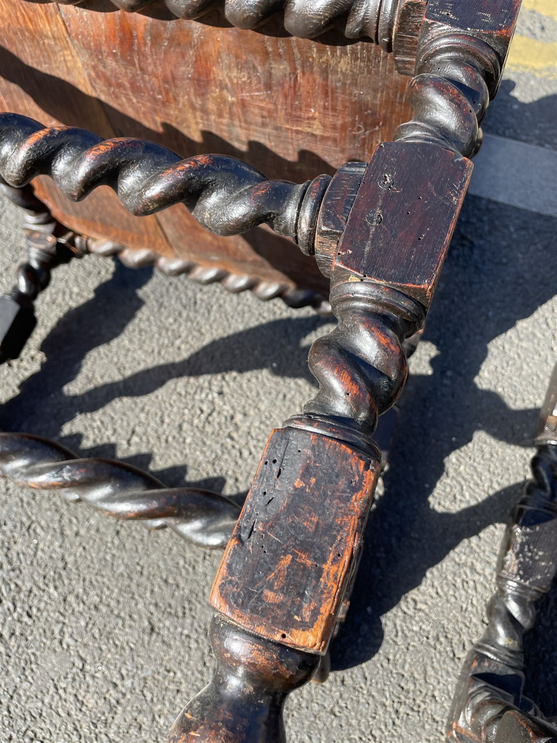 Unusual pair late 17th century oak spindle-back chairs, barley twist or spiral turned throughout, the back with a row of six vertical turned spindles, the supports joined by two lower rails and front central rail, plank seats

Provenance - The chairs illustrated in 'Early British Chairs and Seats 1500-1700' by Tobias Jellinek (Pub: Antique Collectors Club. 2009. p 313). Previous part of a private collection. Vendor purchased from auction 2014.

Measurements - seat width - 48cm, seat height - 38cm/36cm, depth - 50cm, total height - 85cm/82cm
