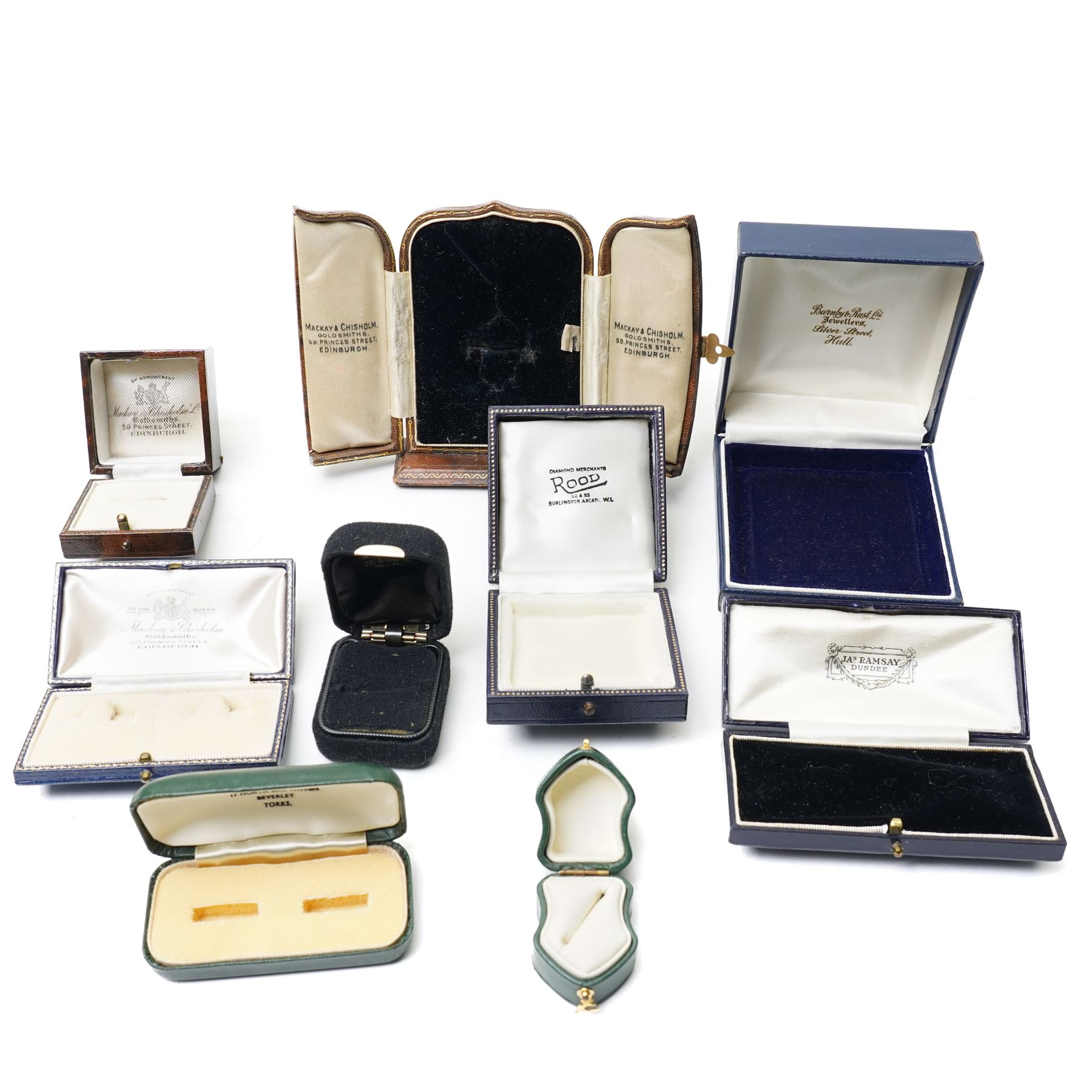 Number of vintage and other jewellery boxes including upright leather box by Mackay & Chisolm, Edinburgh, another by Mackay & Chisolm inscribed 1910-1950, another by Jas. Ramsay, Dundee inscribed S.S.Royal Scot launched 1929 etc