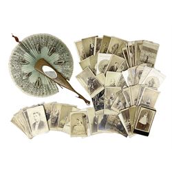 Italian olivewood folding circular fan with cord pull action and inset oval mirror to the paddle shaped handle D24cm; and over eighty Victorian photographs including Cartes de Visites, portraits, continental views etc