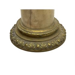 Late 19th century variegated marble torchère or plant stand, square moulded top on column, stepped square base, cast metal upper collar with egg and dart moulding, the lower collar cast with foliate decoration 