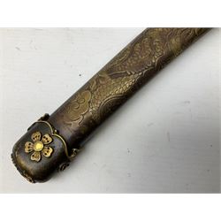 Japanese tanto with 21cm damascus blade and copper/gold coloured lacquer type grip and matching saya with chrysanthemum cast tsuba L41cm overall