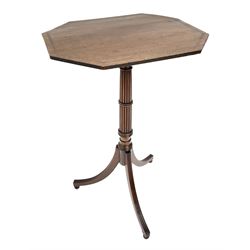 Regency mahogany tripod table, octagonal top with chequered inlayed band, over reeded and ring turned column and raised on reeded triple splay supports