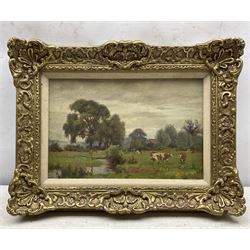 Walter James Roberts (British 1907-?): Cows Grazing Beside Stream, oil on canvas board signed 19cm x 29cm