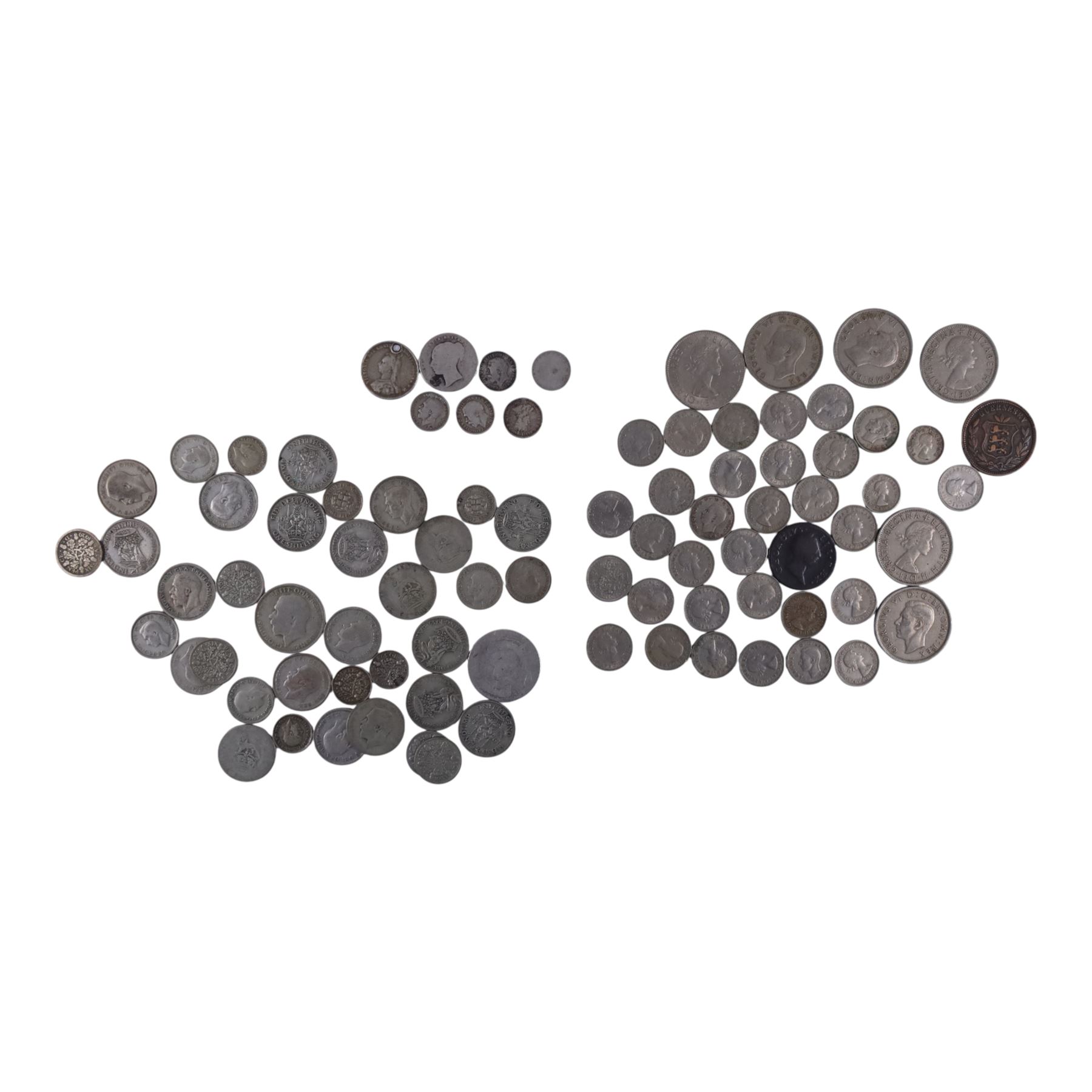 Approximately 16 grams of Great British pre-1920 and approximately 160 grams of pre-1947 silver coins, together with further pre-decimal coins, a Guernsey 1868 eight doubles, and an Ireland George III 1769 half penny