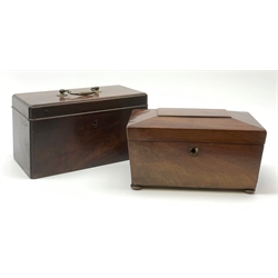 A Georgian mahogany tea caddy, with three interior compartments, L24.5cm, together with an early 19th century mahogany tea caddy, of sarcophagus form, with twin compartmented interior and bun feet, L23cm, (both a/f). (2). 