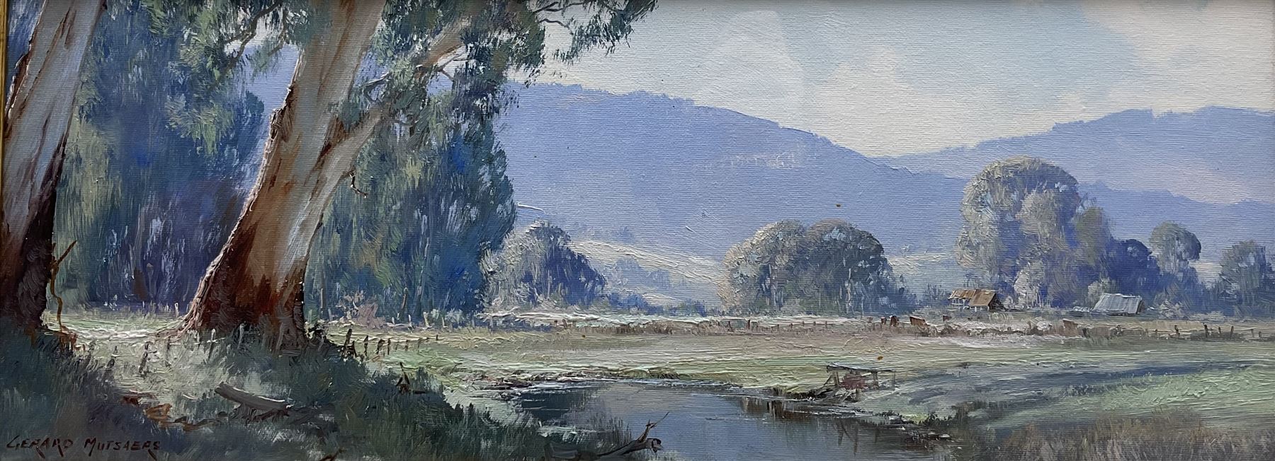 Gerard Mutsaers (Australian 1947-): 'Bright Sunlight in the Goulburn River Valley', oil on canvas board signed, titled on label verso 18cm x 49cm 