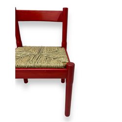 Vico Magistretti - mid-20th century circa. 1970s set of four beech framed dining chairs in red finish, with drop-in rush seats
