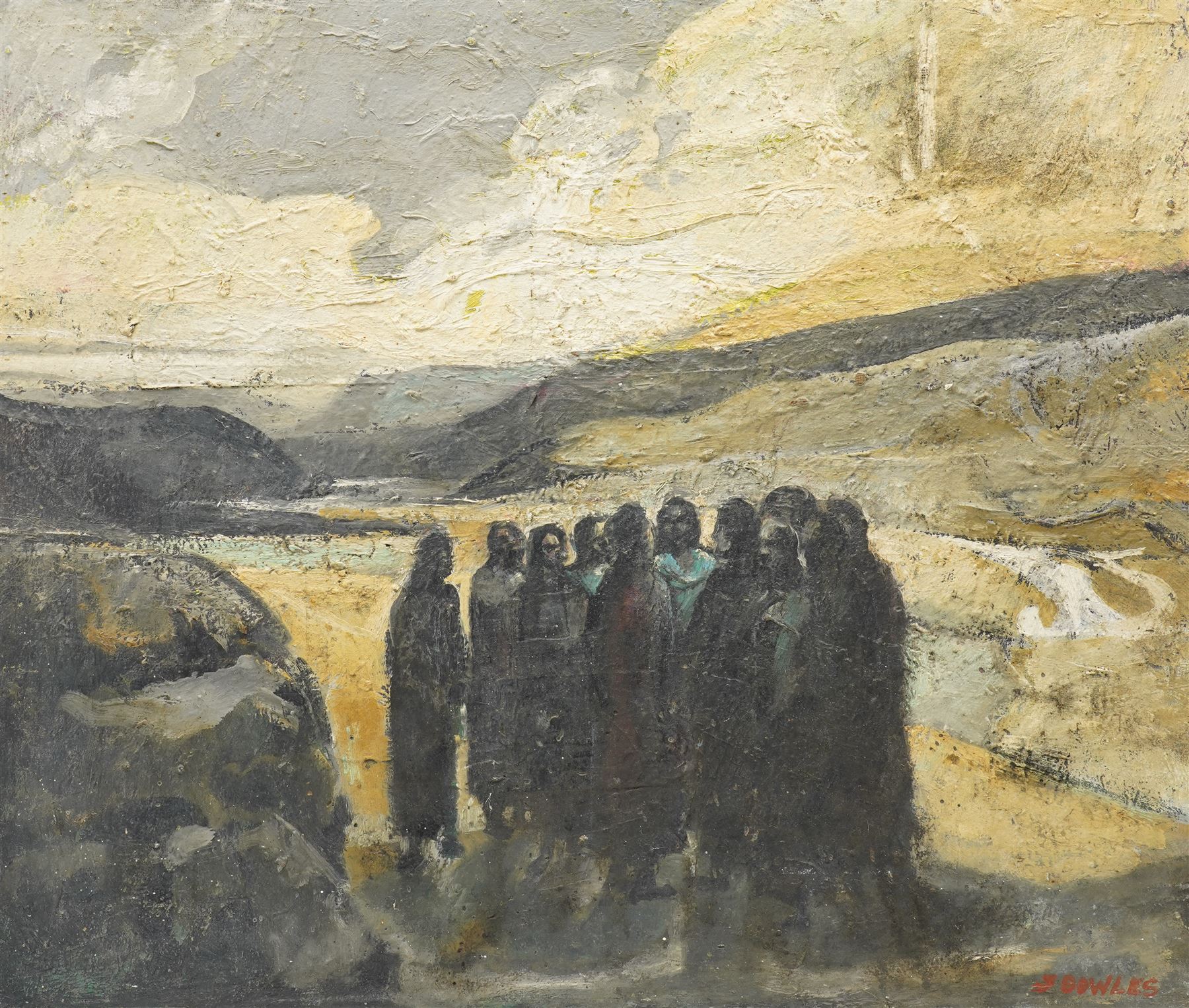 John Gilbey Bowles (British 1929-2011): A Cloaked Gathering, oil on board signed 58cm x 70cm
Notes: exhibited at Williamson Art Gallery, Birkenhead
