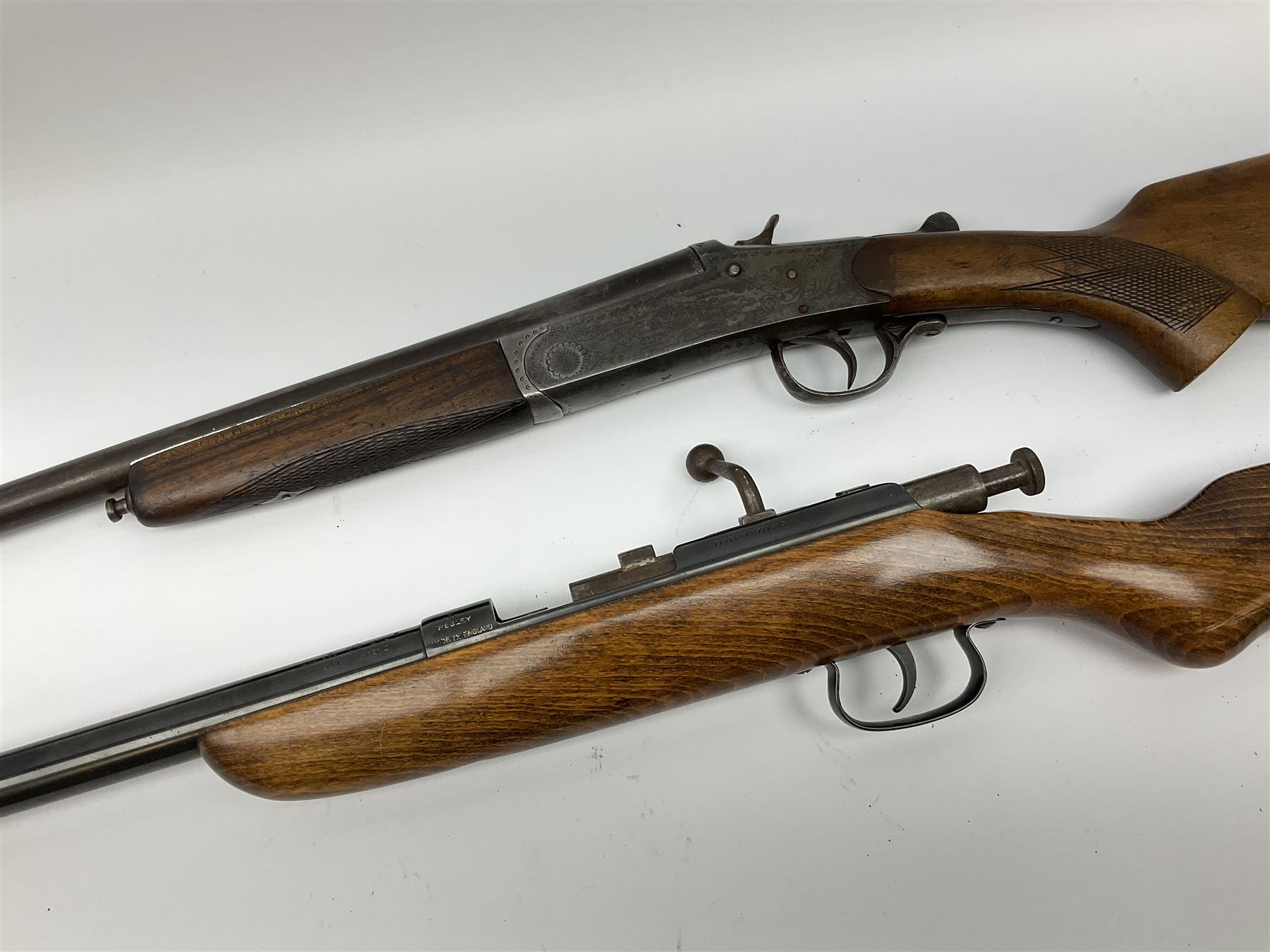 Webley & Scott .410 bolt action single barrel shotgun, no visible number L115cm overall; and Spanish .410 single barrel shotgun with 74.5cm barrel, serial no.54664 L117cm overall (2) SHOTGUN CERTIFICATE REQUIRED