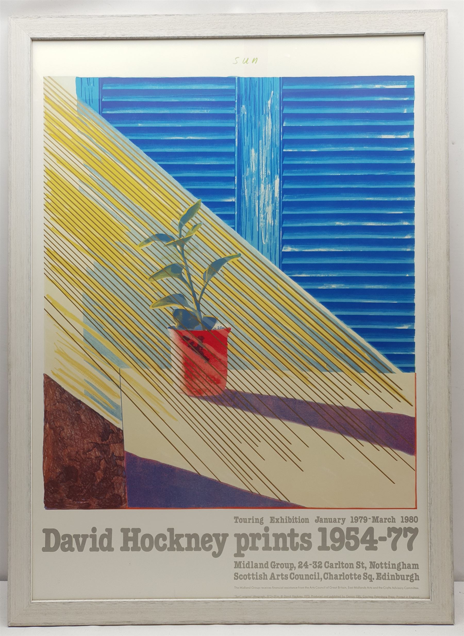 After David Hockney (British 1937-): 'Sun - David Hockney prints 1954-77', exhibition poster pub. 1979, 96cm x 68cm