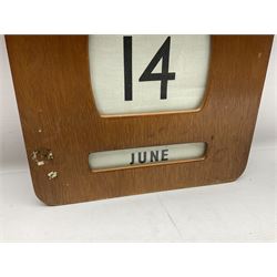 Wooden wall mounted perpetual calendar with printed rollers and chrome plated knobs to side, H30cm W27cm