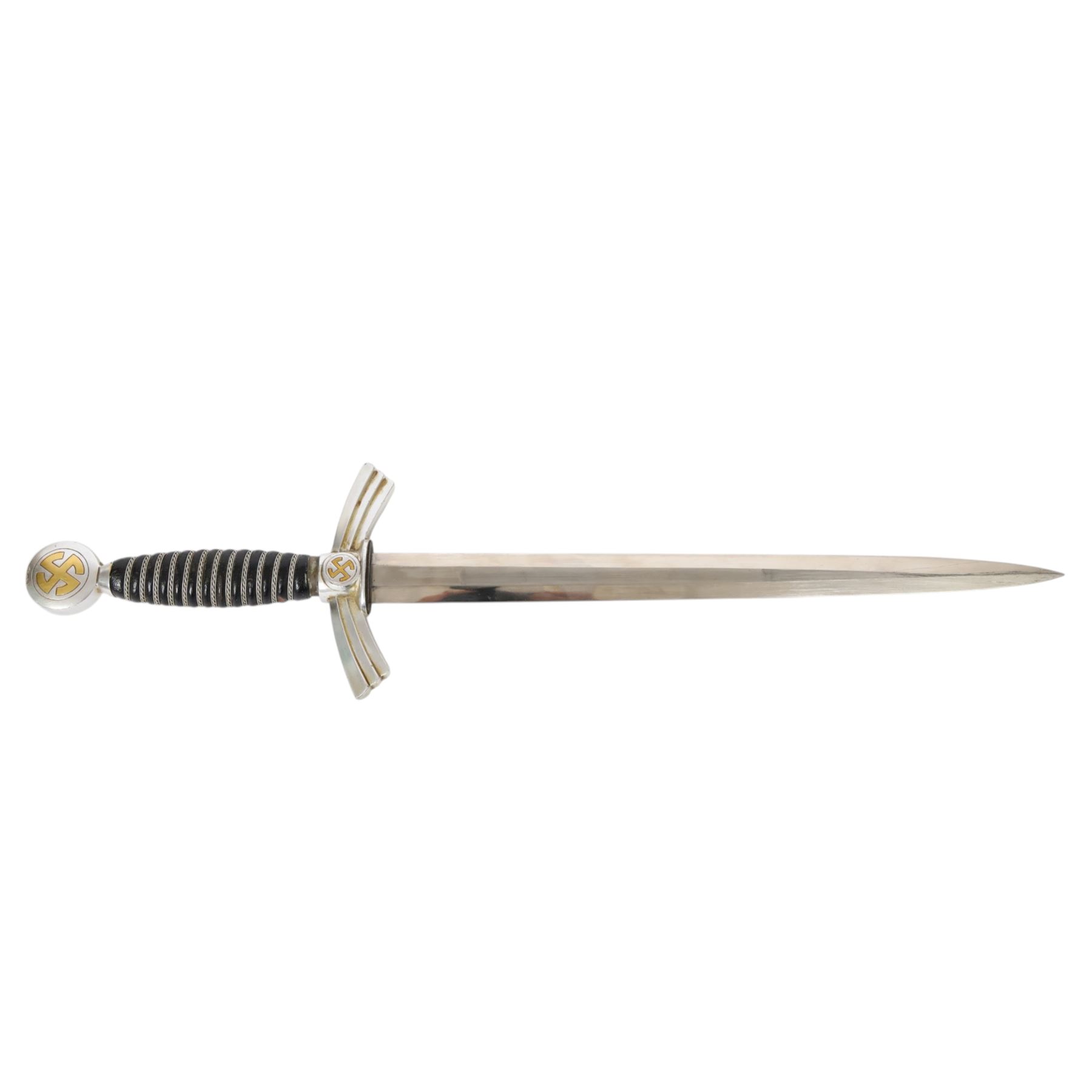 German Third Reich Luftwaffe Officers Dress Dagger by Alcoso Solingen, the 30cm double edged blade marked Alcoso Solingen, with plated down-swept quillons and pommel bearing swastika, wire-bound blue leather grip, the leather covered sheath with mounts and hanging chains, overall L50cm 