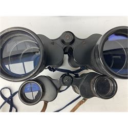 Nine binoculars to include Prinz 10x50, Prinzlux 10x50,  Ellgee Cadet 8x25, Mark Scheffel 35x50 etc, eight with cases