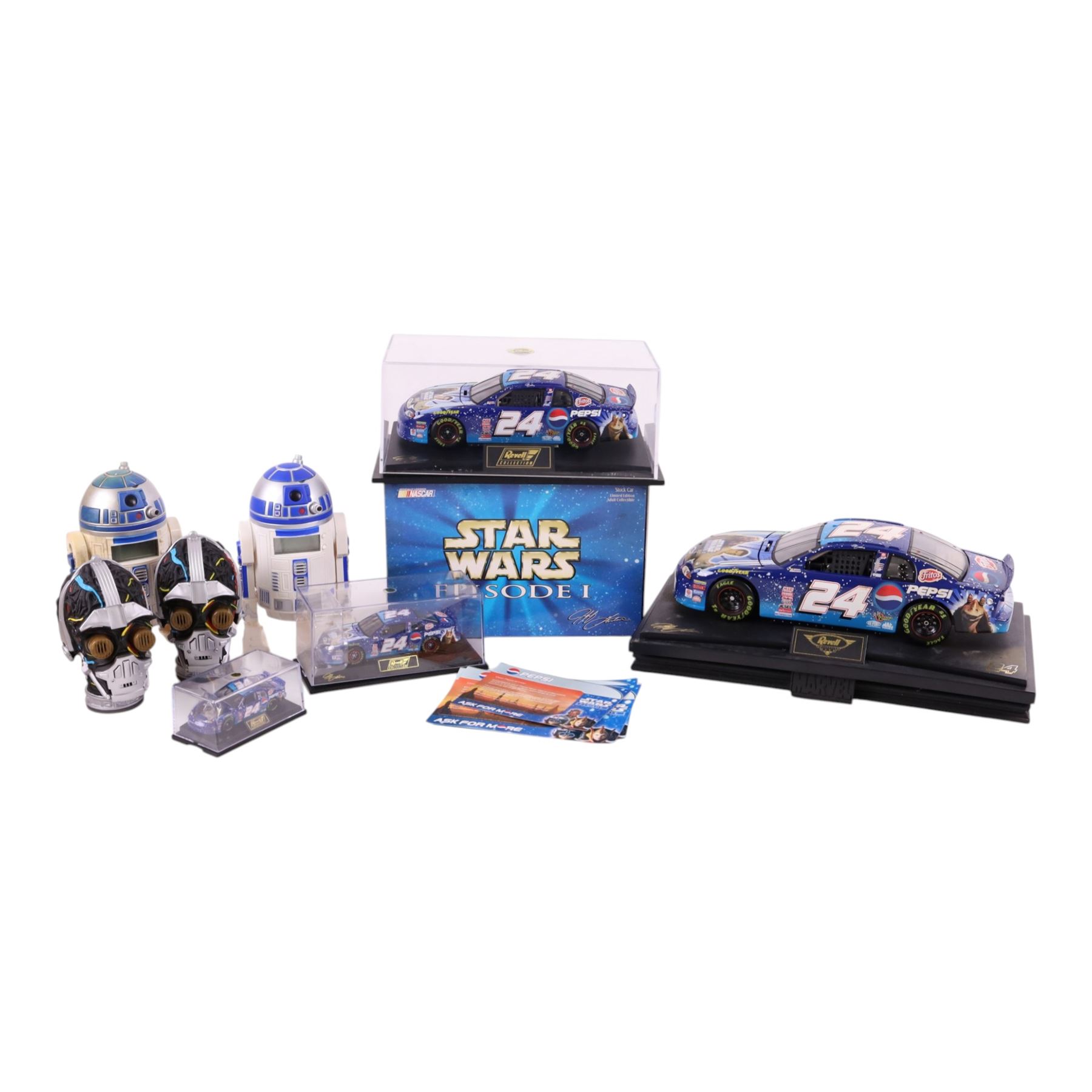 Five Jeff Gordon #24 NASCAR diecast stock car models all with Star Wars Episode I / Pepsi Racing livery, in various scales, including a boxed 1999 limited edition release Action Pedal example and four Revell examples, three with acrylic display cases, together with two Pepsi limited edition Star Wars R2-D2 clocks and two C-3PO electronic heads
