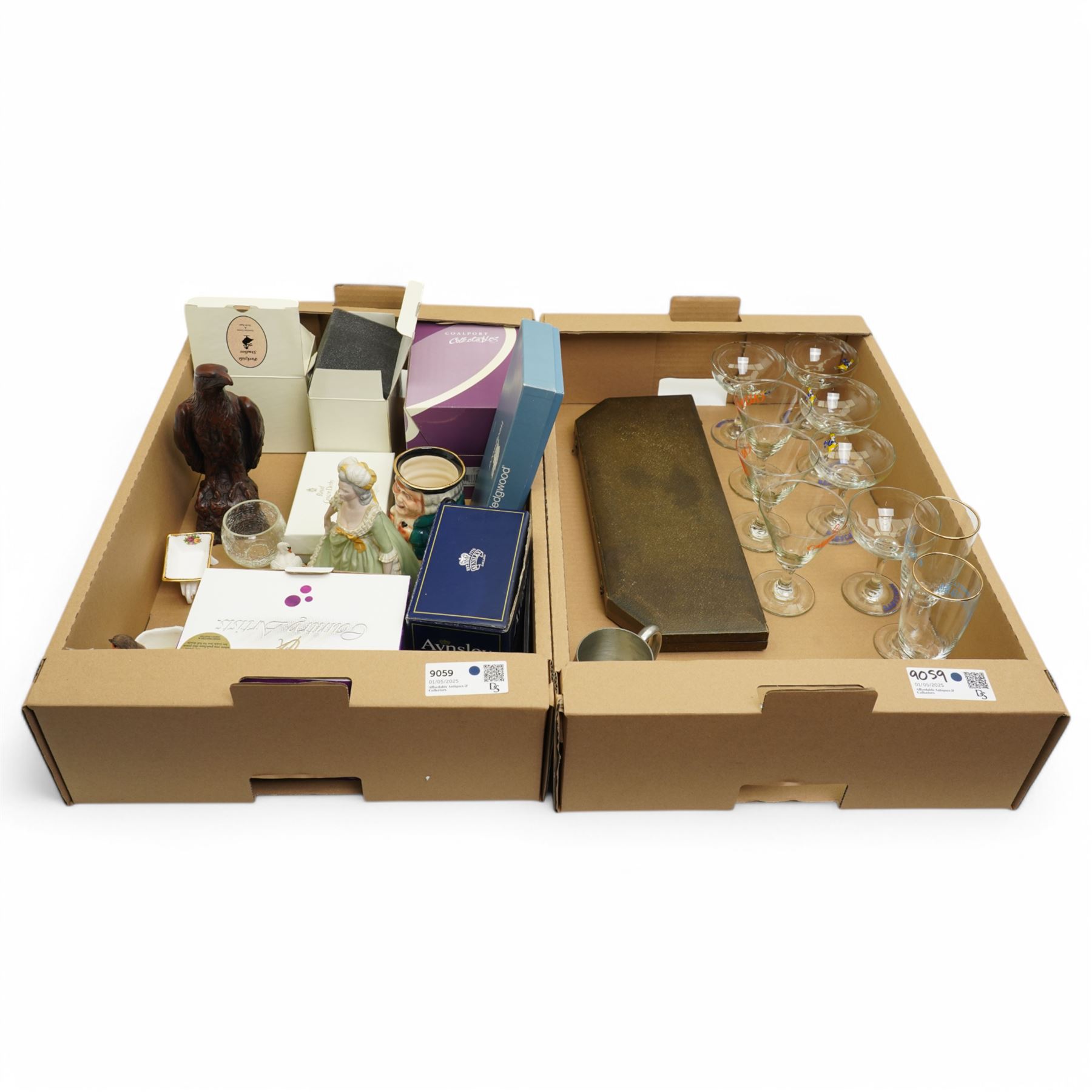 Five Babychan glasses, three Calypso glasses and two goldwell snowball glasses, pewter mugs, carving set cased, Mary Antoinette figure, and various Coalport, Country Artists and Aynsley pieces, contents in two boxes