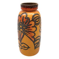 West German studio art pottery Lava glaze floor vase, with floral decoration on a orange ground, H39cm